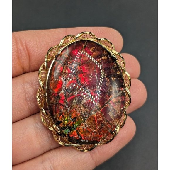Large Oval Ammolite Triplet Fossil Gemstone Gold Filled GF Brooch Pin Pendant - Picture 5 of 10